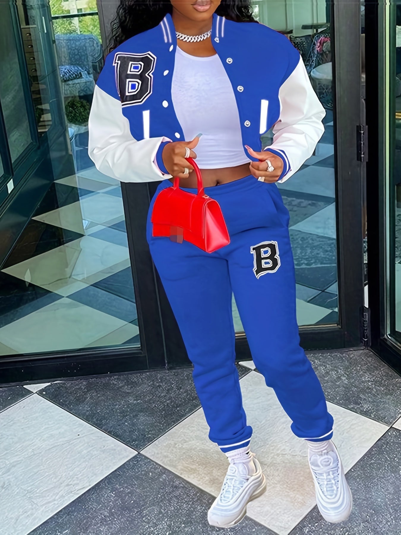 Trendy Letter Print Womens Two-Piece Set - Color Block Bomber Jacket with Slant Pockets & Chic Pants Outfit - Casual & Comfortable Clothing