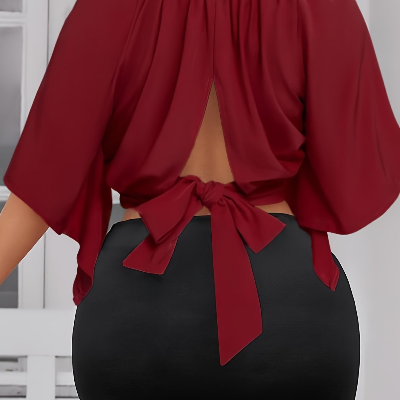 Solid Color Crew Neck Blouse, Elegant Short Sleeve Bow Back Split Blouse For Spring & Summer, Women's Clothing