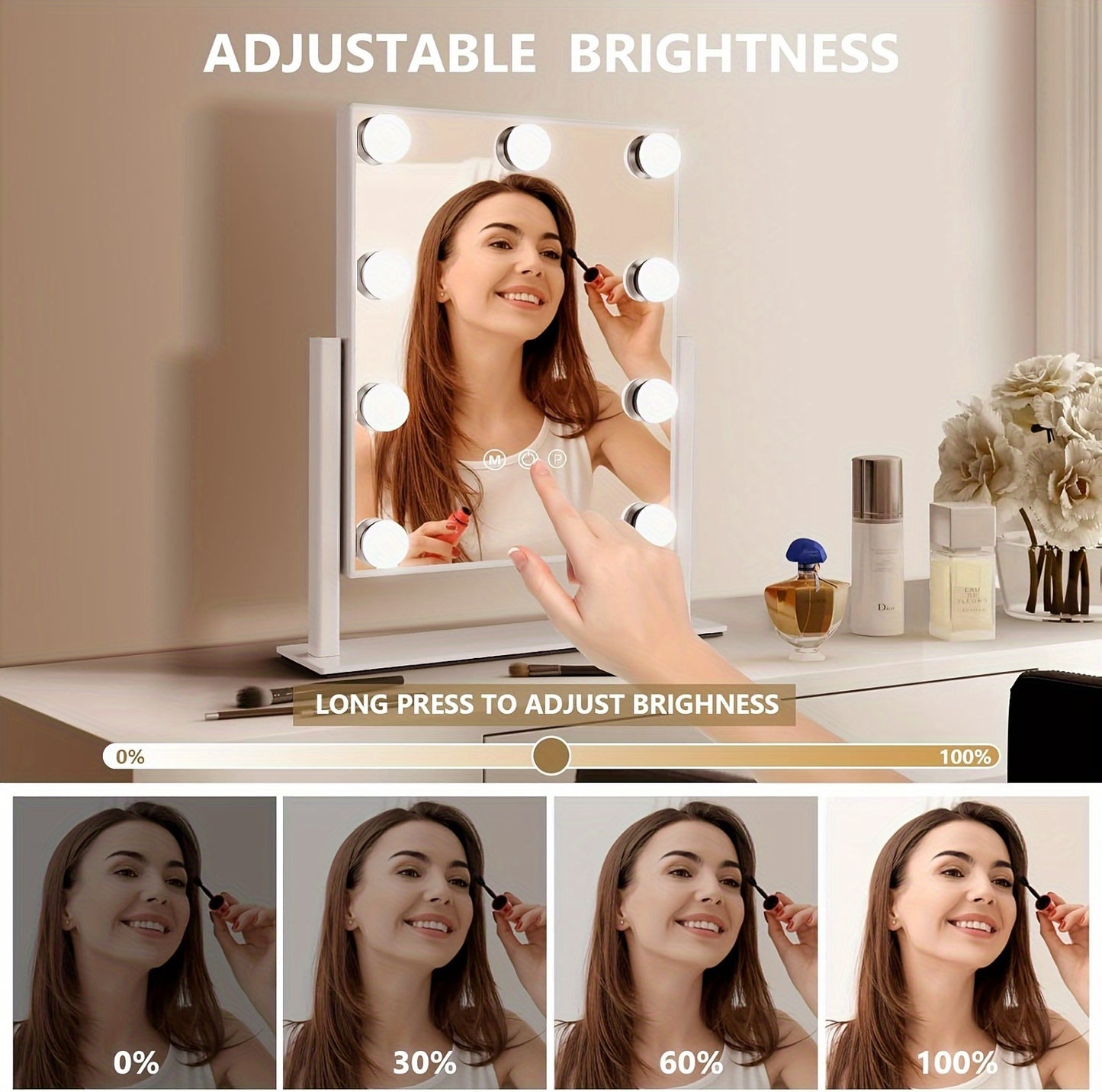 Makeup Mirror with Lights, Hollywood Makeup Mirror with 3 Color Modes and 9 Adjustable LED Bulbs, Zoom in 360° Rotation Touch Control