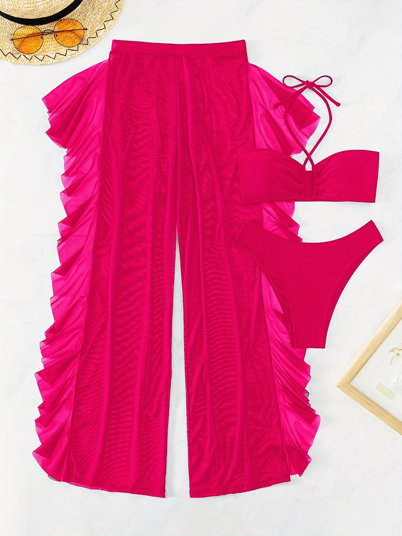 3-Piece Solid Color Halter Bikini Set - Flattering Low-Rise Bottom with Chic Ruffle Trim, Stylish Halter Neck Top & Sheer Beach Cover Up Pants - Elegant, Modern Womens Swimwear for Valentines Day