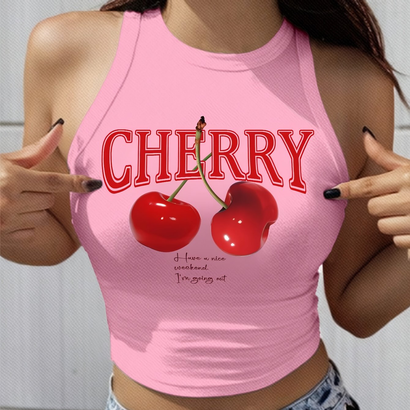 Vibrant Cherry Print Crew Neck Tank Top - Elegant Geometric Pattern, Mid Elasticity, Semi-Sheer, Polyester Knit Fabric, Perfect for Spring & Summer, Womens Casual Sleeveless Crop Top for Everyday Wear