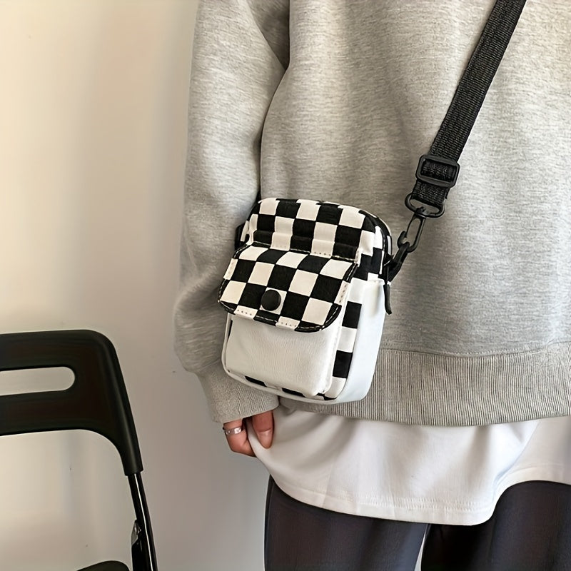 Checkered Canvas Crossbody Bag, Pocket Front Square Purse, Mini Shoulder Bag For Phone Key