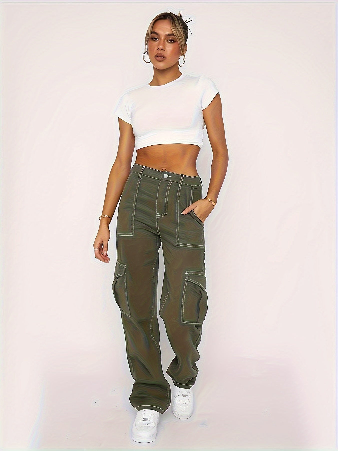High-Waisted Army Green Denim Cargo Pants - Flap Pockets, Comfortable Loose Fit, Casual Everyday Wear - Y2K Vintage Style