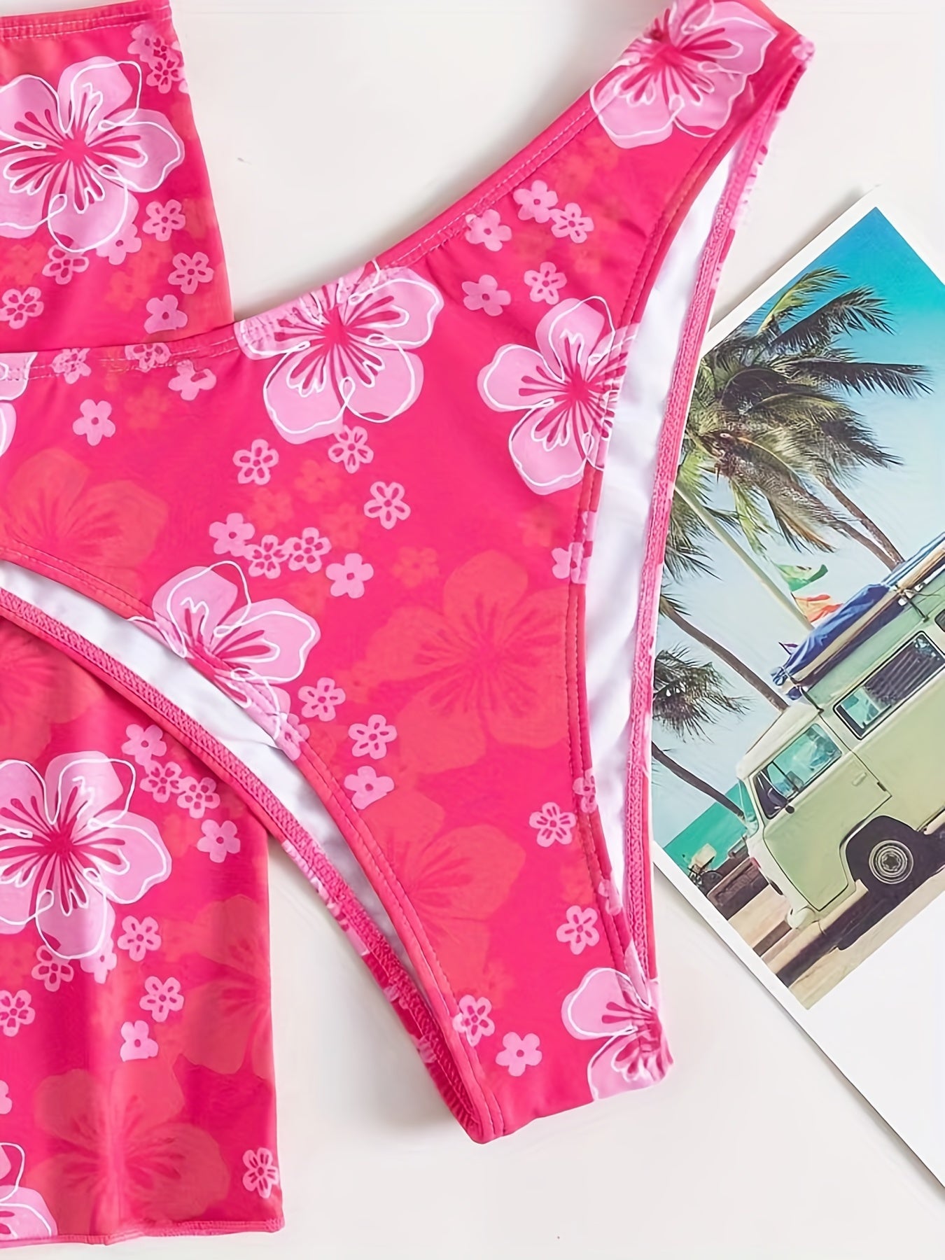 Romantic Pink Floral Halter 3-Piece Swimsuit Set - Adjustable Triangle Bikini with Flirty Wrap Skirt - Perfect Womens Swimwear for Valentines Day