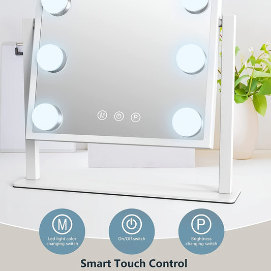 Makeup Mirror with Lights, Hollywood Makeup Mirror with 3 Color Modes and 9 Adjustable LED Bulbs, Zoom in 360° Rotation Touch Control