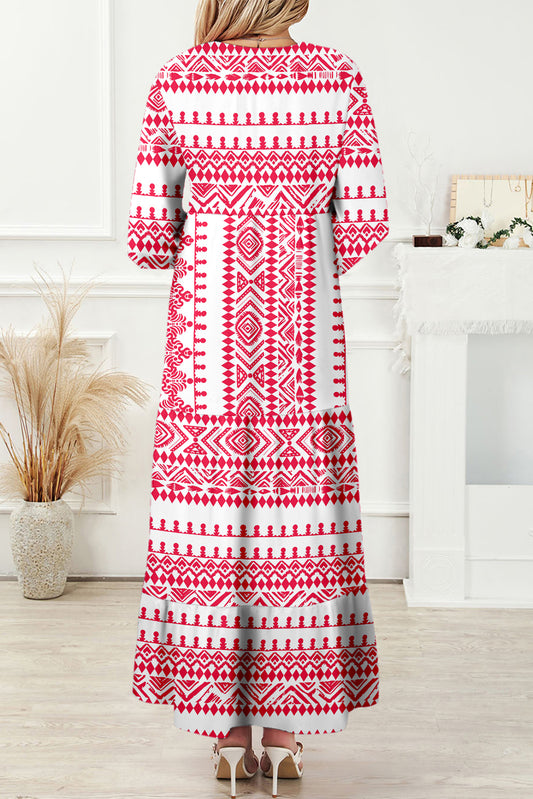 Red Boho Printed Half Sleeve Maxi Dress