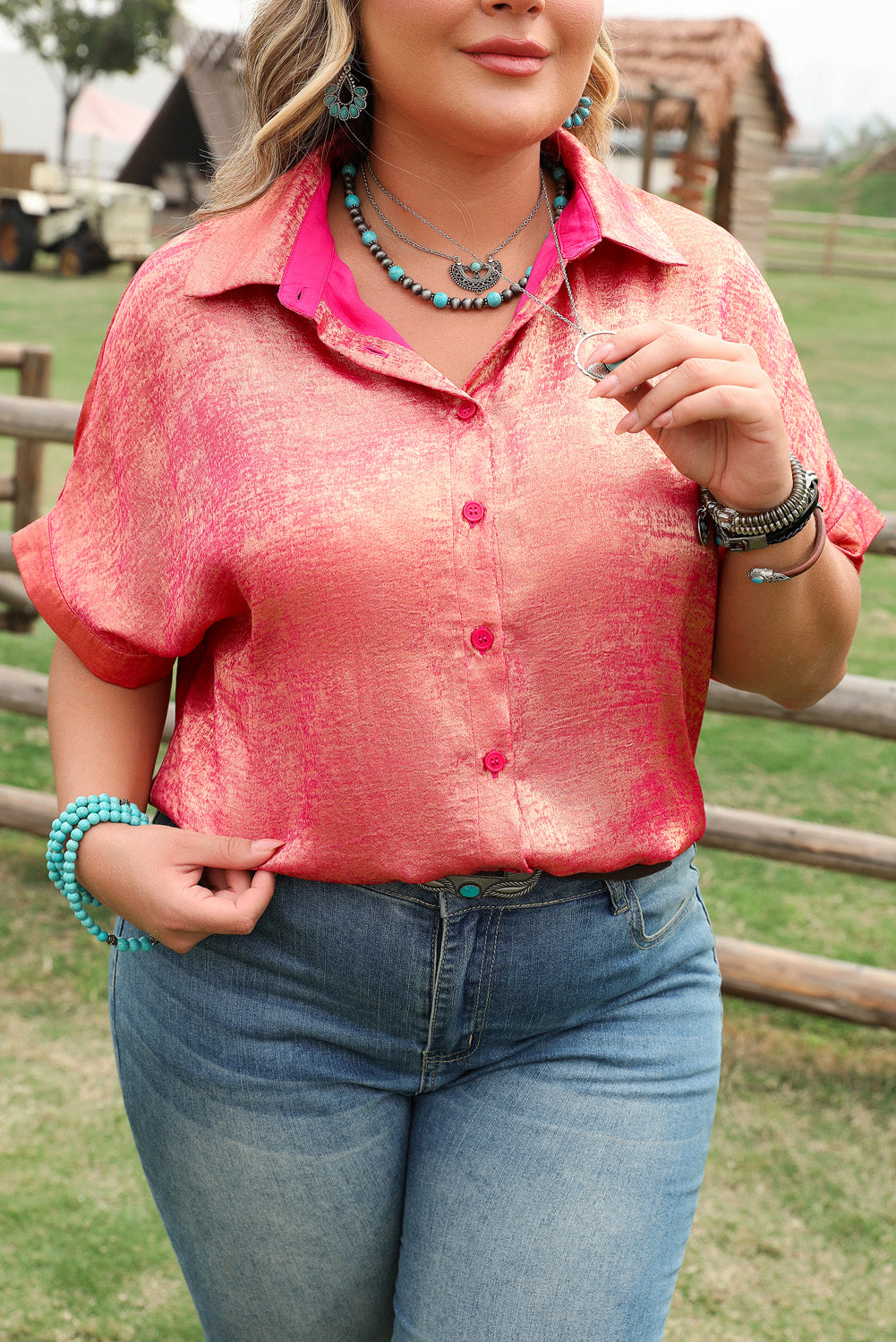 Rose Red Plus Size Metallic Sheen Short Sleeve Button Up Shirt