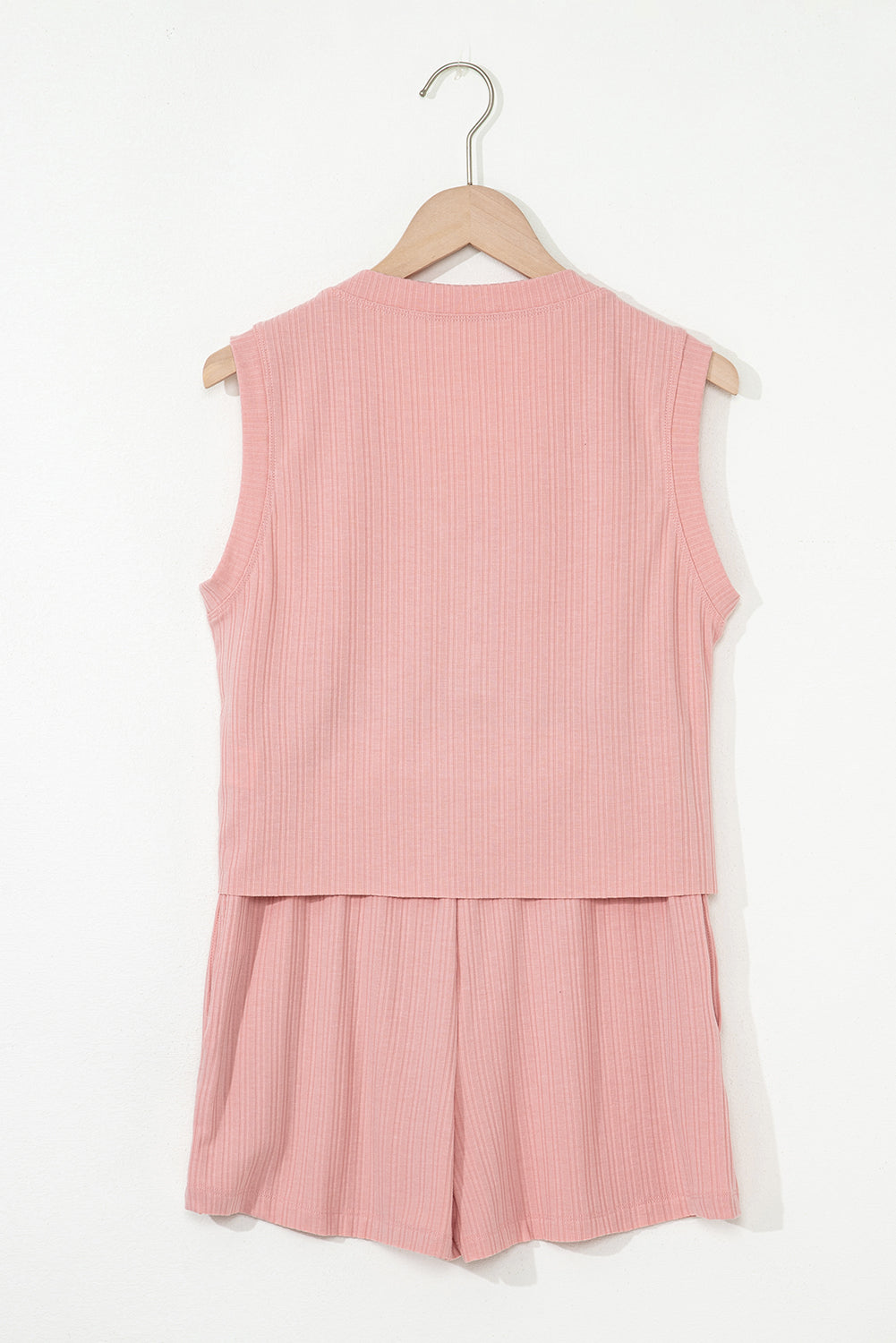 Gossamer Pink Ribbed Button V Neck Tank Top and Shorts Set