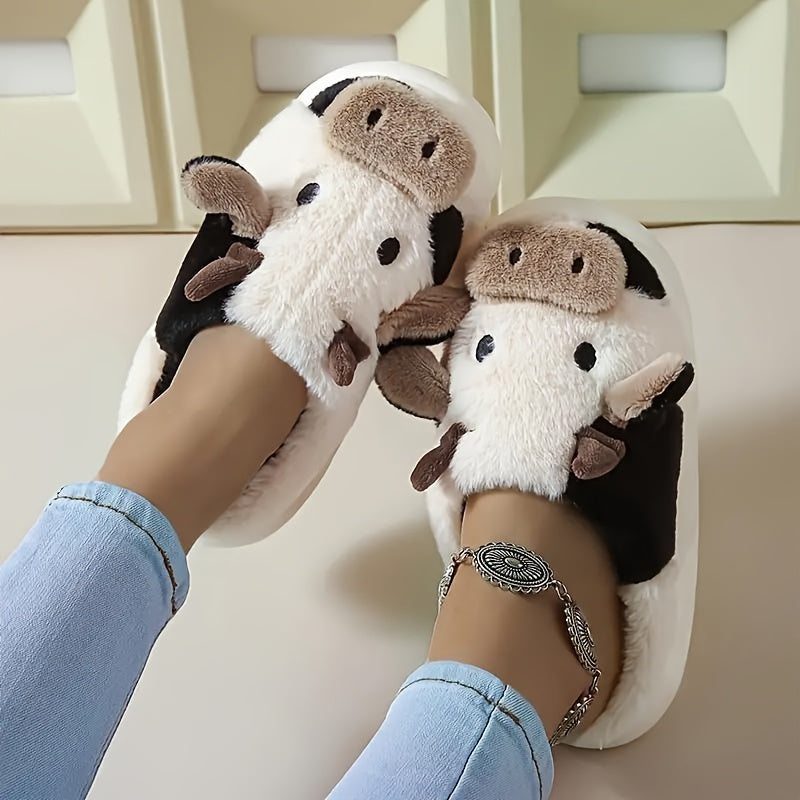 1 Pair Elegant Cartoon Cow Print Slippers for Women, Cozy Indoor House Shoes, Non-Slip TPR Sole, All-Season Warmth, Fabric Upper/Inner/Insole, Positioning Printing Design