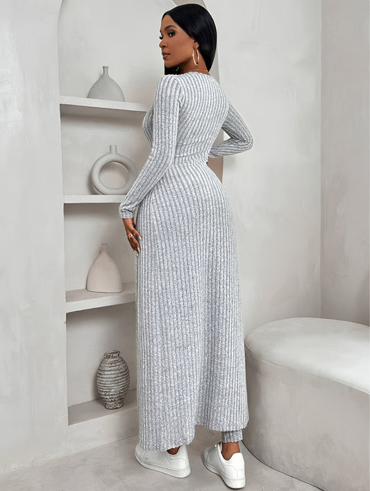 Chic Two-Piece Set for Women - Stylish Long Sleeve Crop Top & High-Waist Pants with Stretchy Polyester Fabric, Machine Washable, Comfortable, and Versatile for Daily Wear - Ideal for Office, Party, or Casual Outings