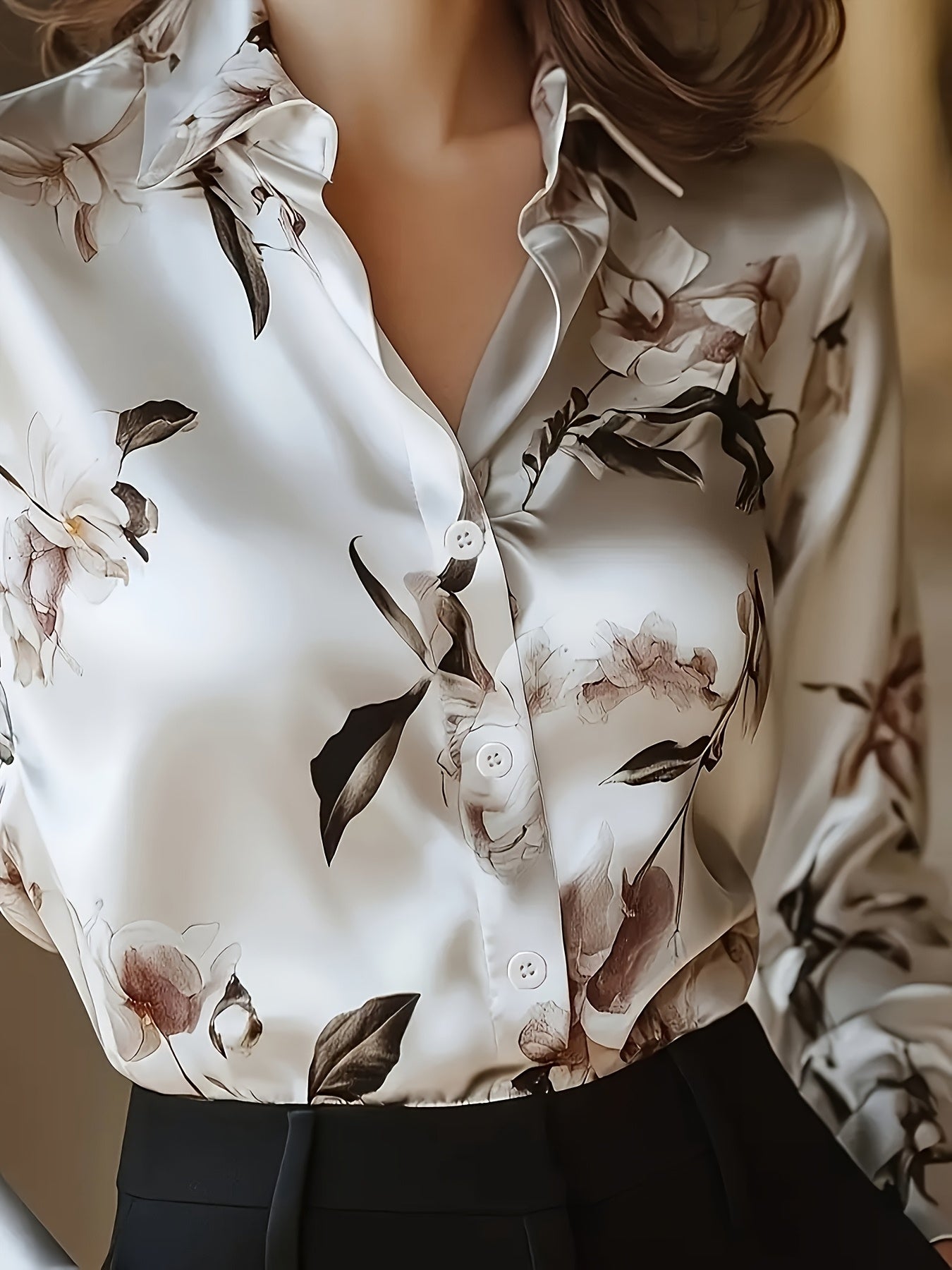Women's Elegant Floral Print Long Sleeve Shirt - Soft Collar Blouse with Button Front, Machine Washable H-Silhouette Top for Autumn/Winter, Casual & Professional Outfits, Autumn Fashion, Easy Care, Buttonup Shirt, Stylish Wom