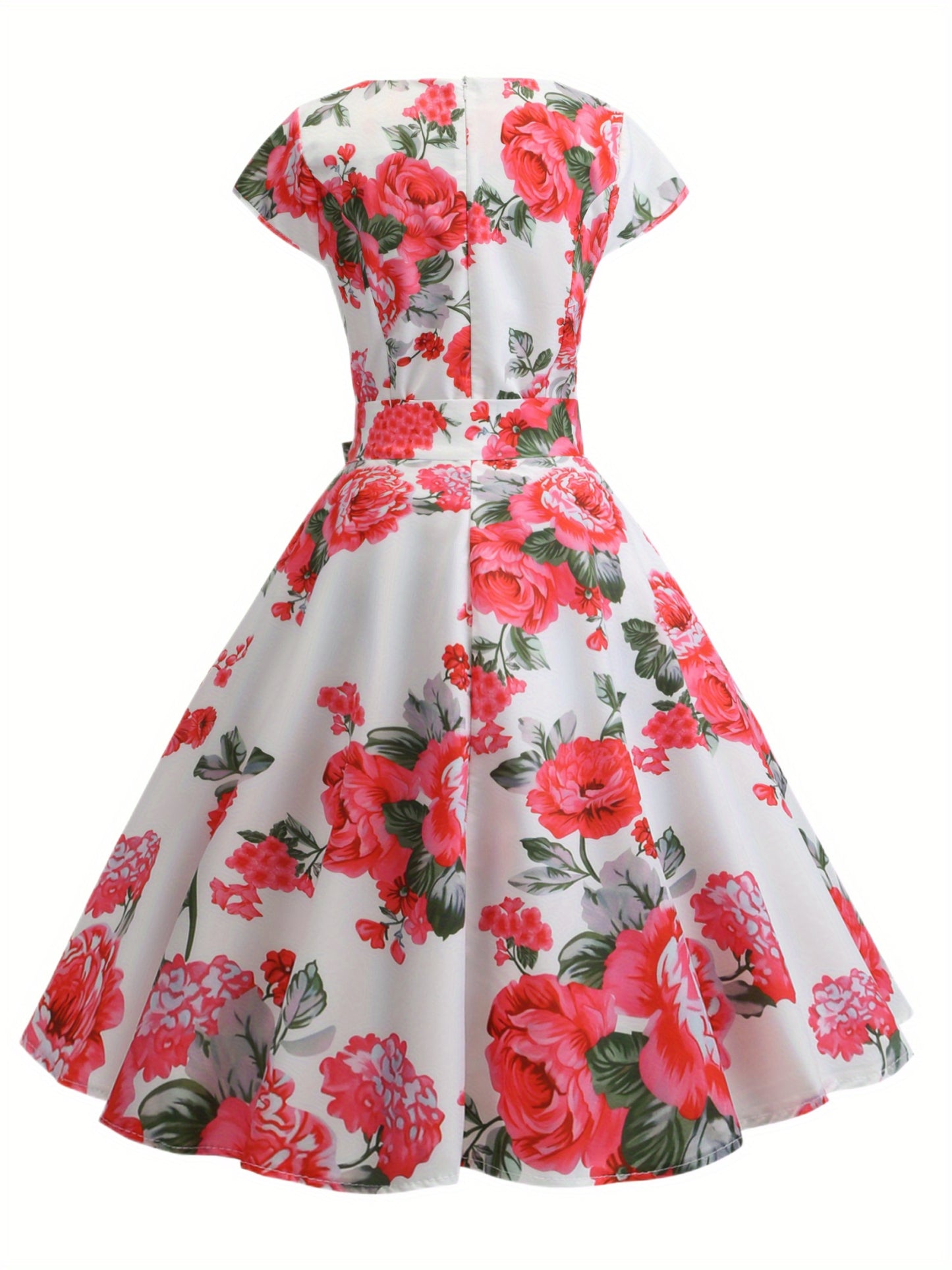 Floral Print Tie Waist Dress, Elegant Crew Neck Cap Sleeve Pleated Dress, Women's Clothing