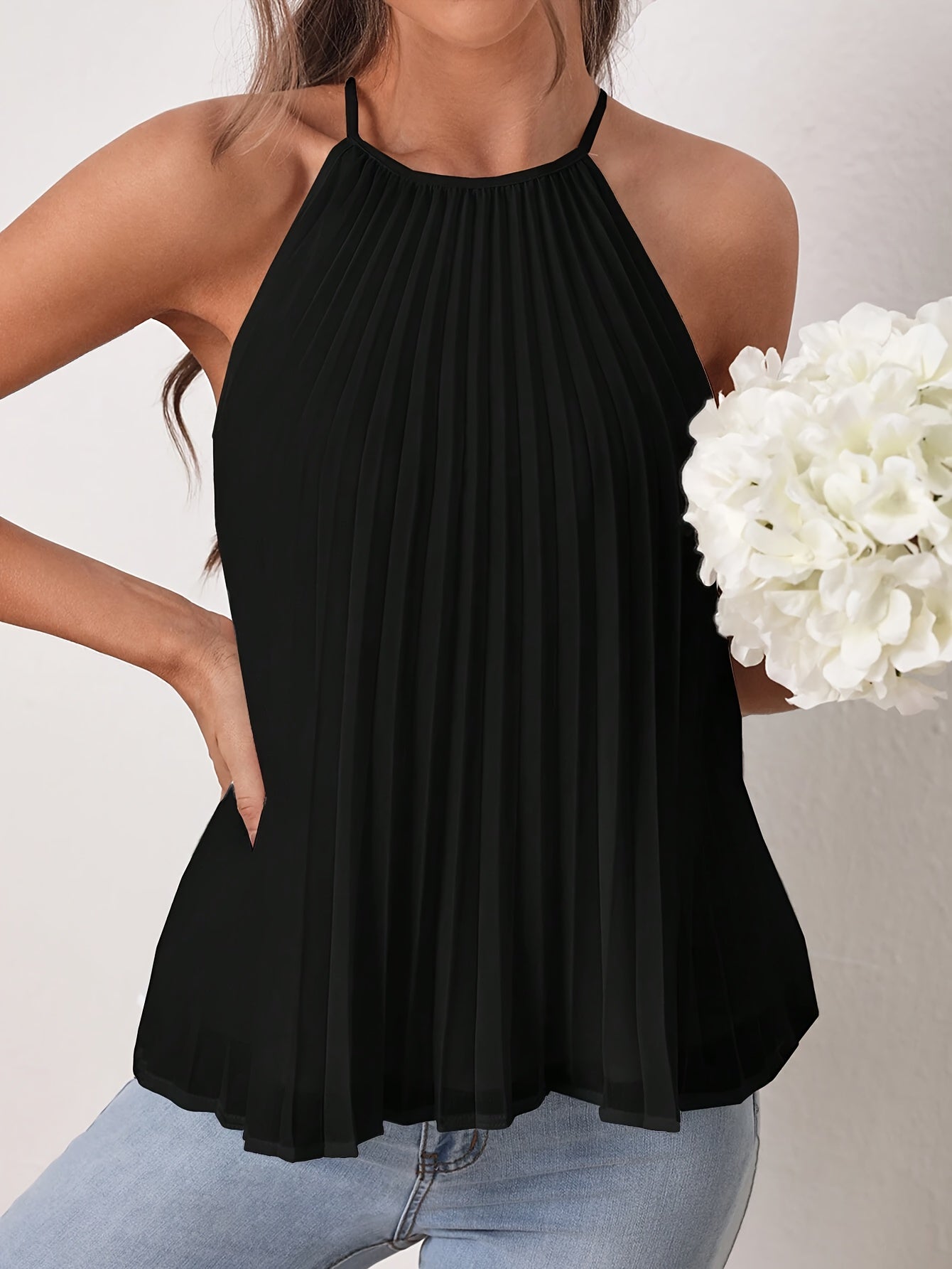 Elegant Solid Color Polyester Halter Neck Pleated Blouse - Sleeveless Loose Fit Regular Length Top for Spring & Summer - Womens Casual Pajama Top with Pullover Design