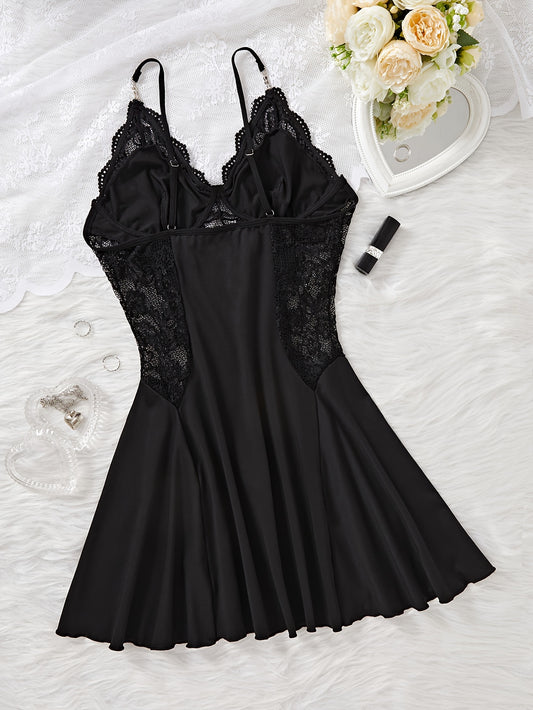 Timeless Elegant Lace Nightgown - Seductive V Neck & Backless Design - Flowy A-line Slip Dress for Womens Dreamy Sleepwear Experience
