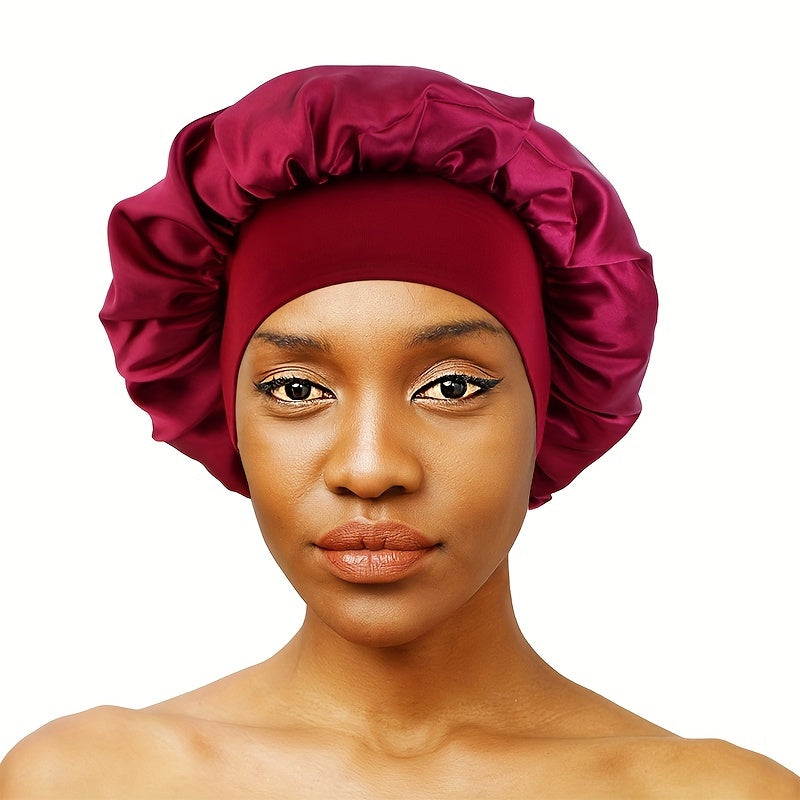 Solid Color Wide Elastic Band Satin Sleep Bonnet Soft Night Sleeping Cap For Women