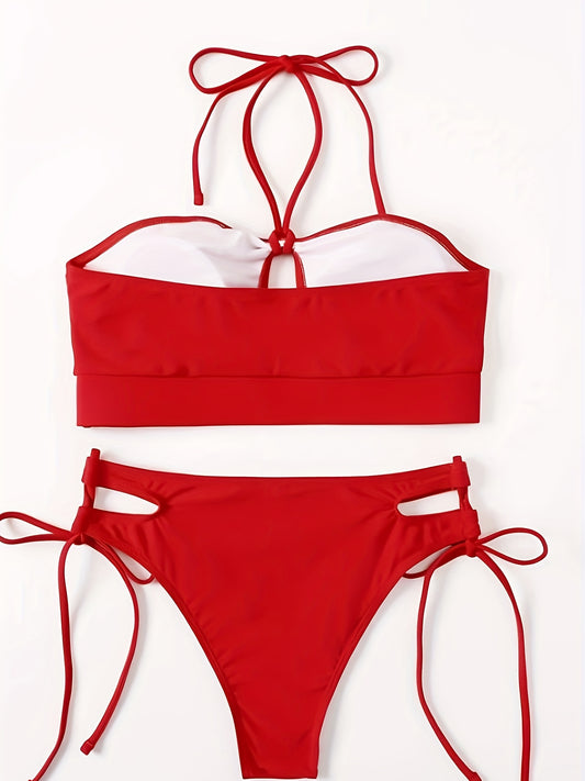 Solid Color Sexy 2 Piece Set Bikini, Halter Neck Tie Side High Cut Swimsuits, Women's Swimwear & Clothing