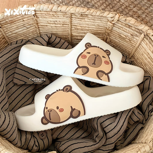 XIXITIAO Cute Cartoon Bear EVA Slides for Men & Women - Non-Slip Summer Slippers, White with Adorable Brown Bear Design, Lightweight & Comfortable for Indoor/Outdoor Use, Casual Wear | Playful Design | Slipresistant Sole, Bea