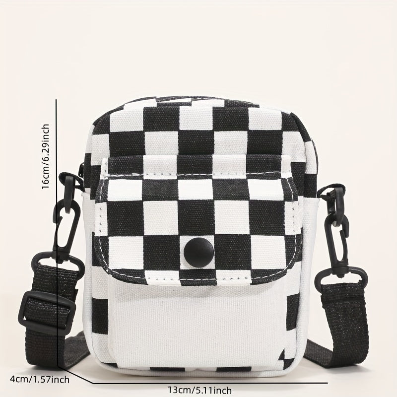 Checkered Canvas Crossbody Bag, Pocket Front Square Purse, Mini Shoulder Bag For Phone Key