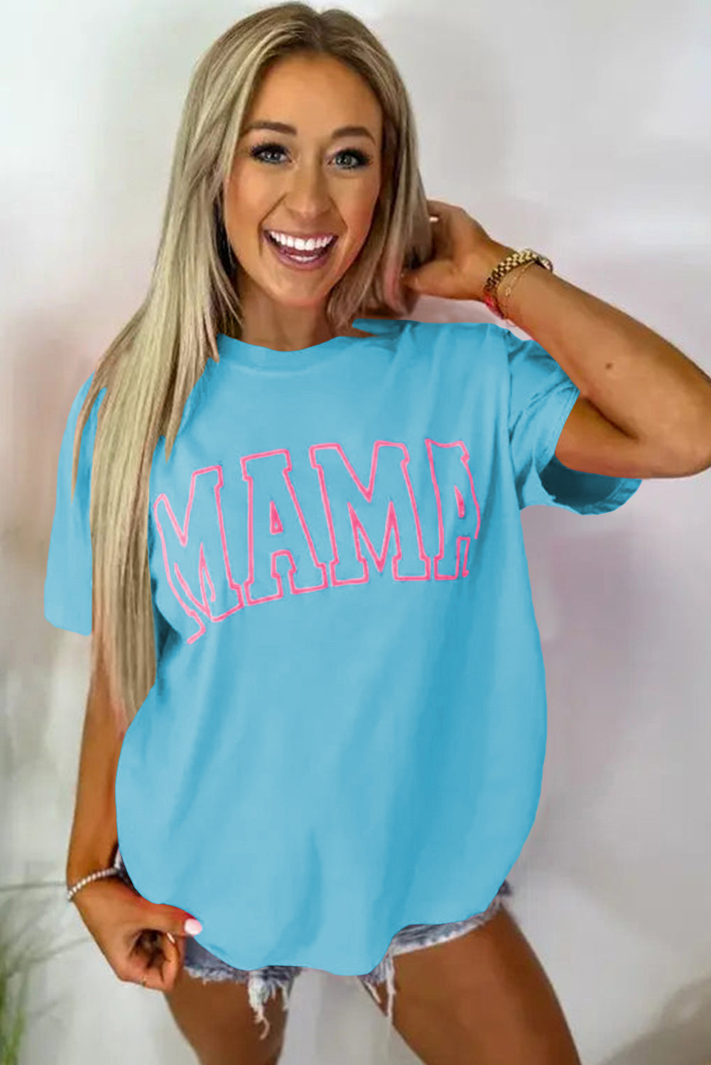 Light Blue MAMA Letter Graphic Neon T Shirt
