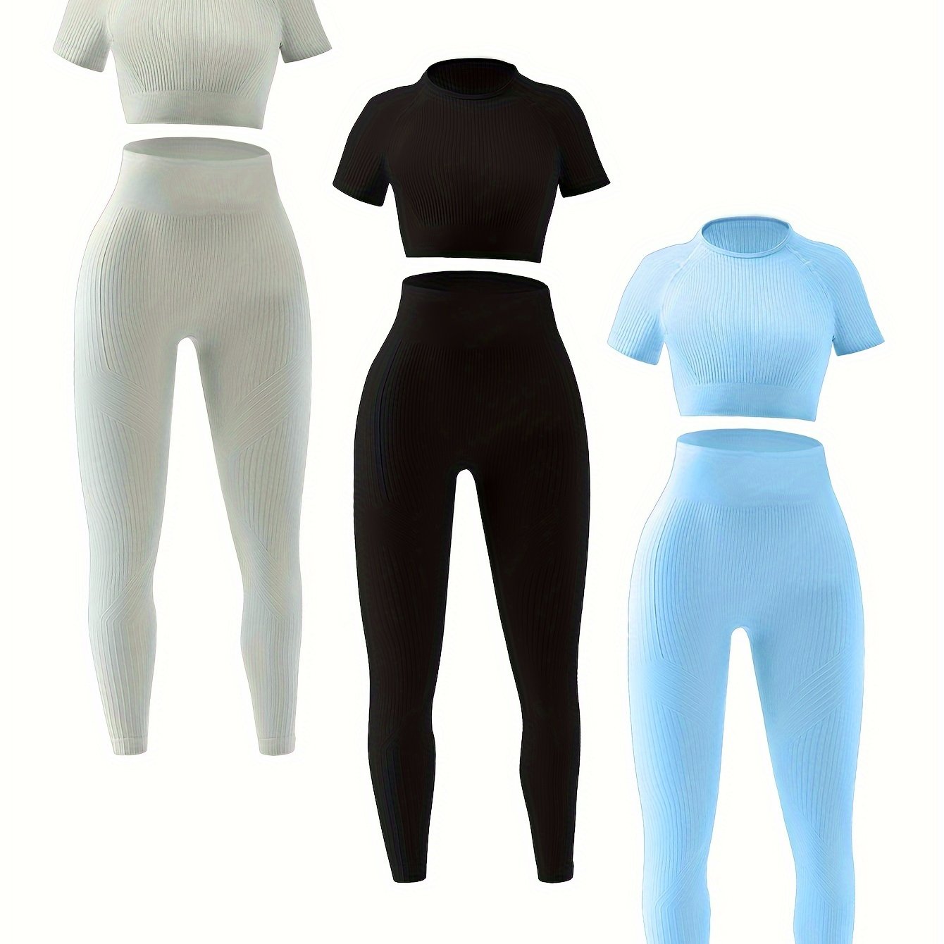 3 2-piece Sports Sets, Stretchy Crop Tops And Leggings, Women's Seamless High Elasticity Gym Yoga Outfits