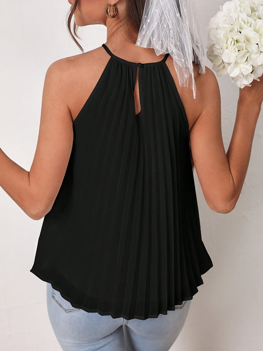 Elegant Solid Color Polyester Halter Neck Pleated Blouse - Sleeveless Loose Fit Regular Length Top for Spring & Summer - Womens Casual Pajama Top with Pullover Design