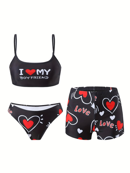 Women'S 3pcs Bikini Set, Sexy High Stretch Knit Fabric, Polyester 82% Elastane 18%, All Over Heart Print, Love My Boyfriend & Love Pattern, 200g/m², for Running & Swimming