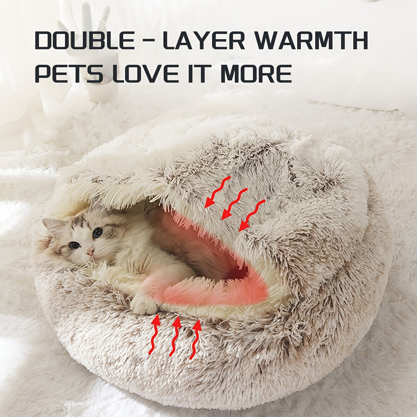 Cozy Luxurious Plush Donut Pet Bed - Hooded, Non-Slip Bottom, Easy to Clean - for Cats & Small Dogs, Perfect for Winter Comfort