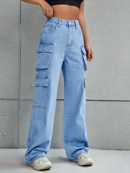 Plain Flap Pockets Cargo Pants, Loose Fit Non-Stretch Y2K & Kpop Style Straight Jeans, Women's Denim Jeans & Clothing