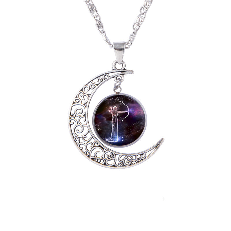 Twelve Zodiac Constellations Moon Phase Necklace - Timeless Gemstone Pendant with Adjustable Chain - Unique Personality Jewelry and Birthday Gift Idea for Women and Girls
