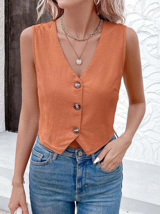Elegant Polyester V-Neck Sleeveless Blouse with Button Detail - 100% Polyester Solid Color Shirt for Women, All Season Woven Shirting Collection