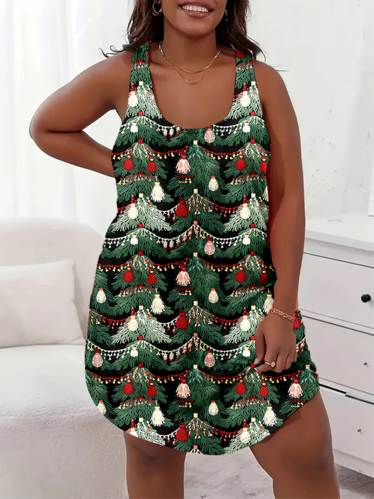 Women's Elegant Christmas Tree Print Nightgown - Soft Polyester Sleeveless A-Line Sleep Dress with Exposed Shoulder Neckline, Vibrant Red Green Golden White Print, All-Season Machine Washable Plus Size Holiday Sleepwear for C