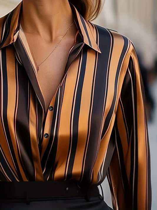 Elegant Special Women's Striped Shirt - Classic Collar Button-Up Blouse with Mustard & Black Stripes, Premium Fabric for Office & Casual Wear, Machine Washable Versatile Top, Smooth Texture Fabric