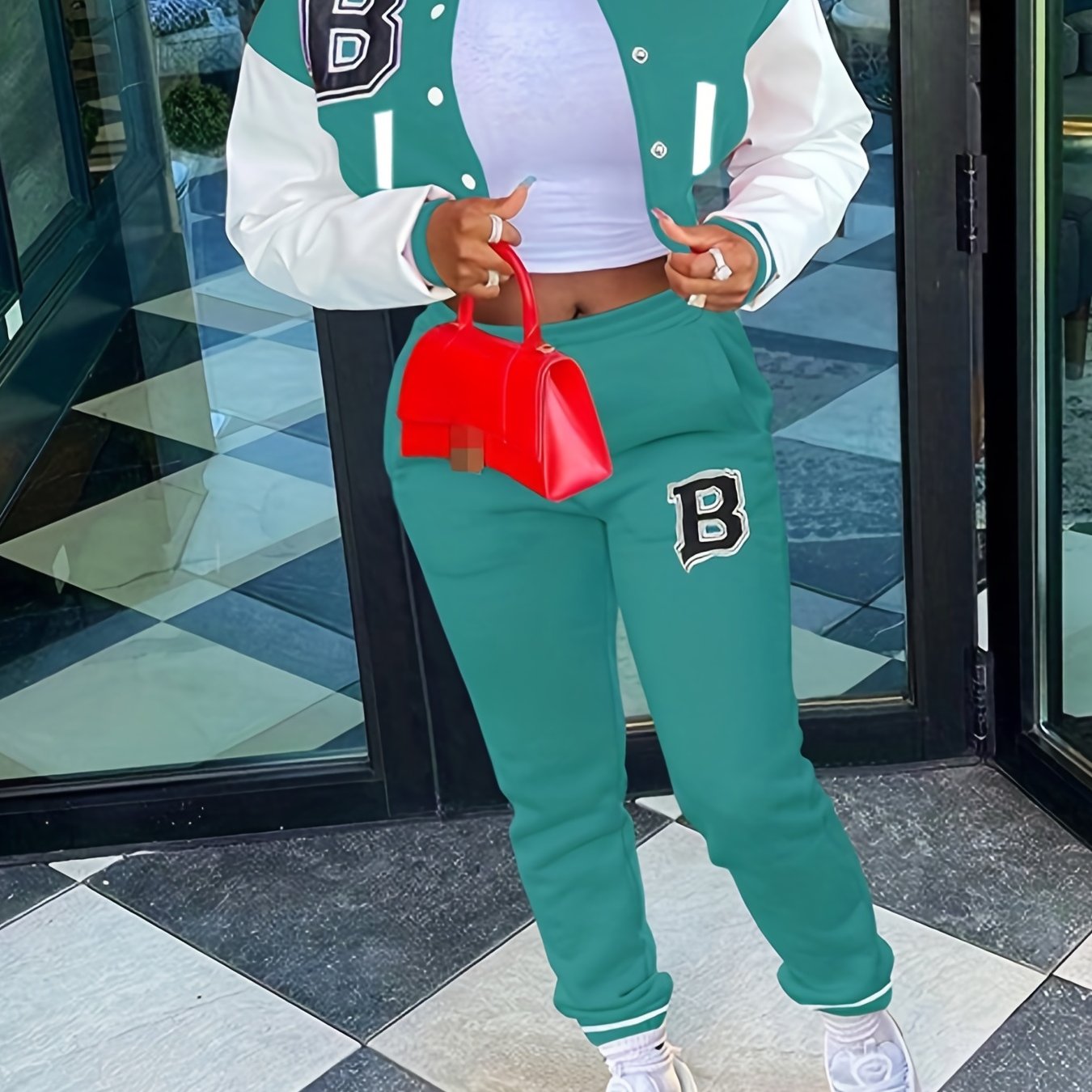 Trendy Letter Print Womens Two-Piece Set - Color Block Bomber Jacket with Slant Pockets & Chic Pants Outfit - Casual & Comfortable Clothing