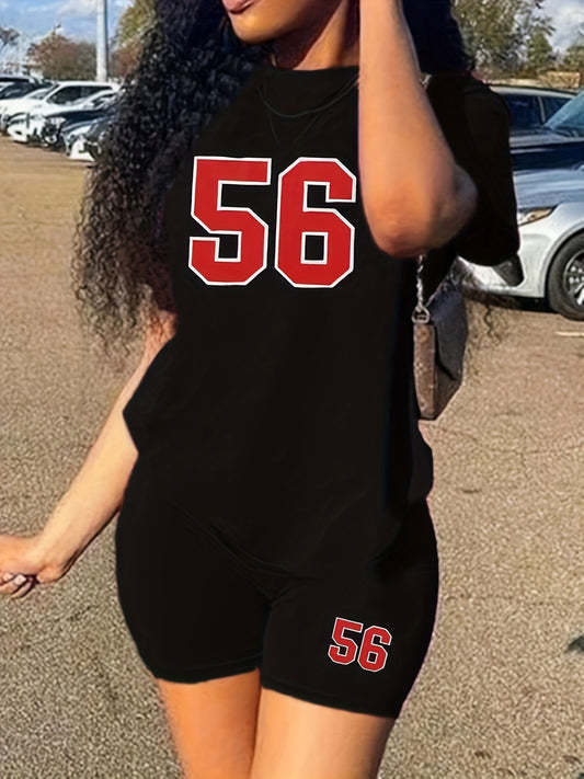 23 Number Print Two-Piece Outfit - Casual Short Sleeve T-Shirt & Biker Shorts Set - Comfortable, Relaxed Fit, Soft Fabric, Summer Essentials for Women