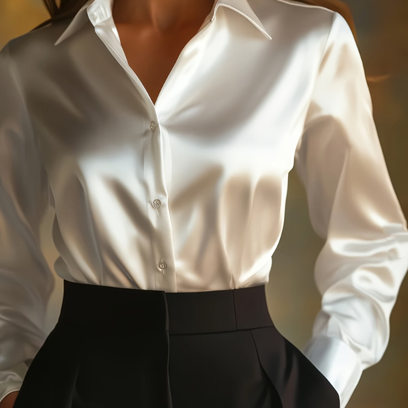 Elegant Black Satin Long Sleeve Women'S Blouse - Smooth Fabric, Button-Up Front, Regular Fit for Casual or Formal Occasions | All-Season Fashion Design