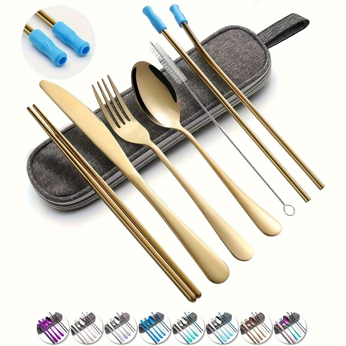 8pcs Portable Utensils, Travel Camping Cutlery Set, Knife Fork Spoon Chopsticks Cleaning Brush Straws Portable Case, Stainless Steel Flatware Set