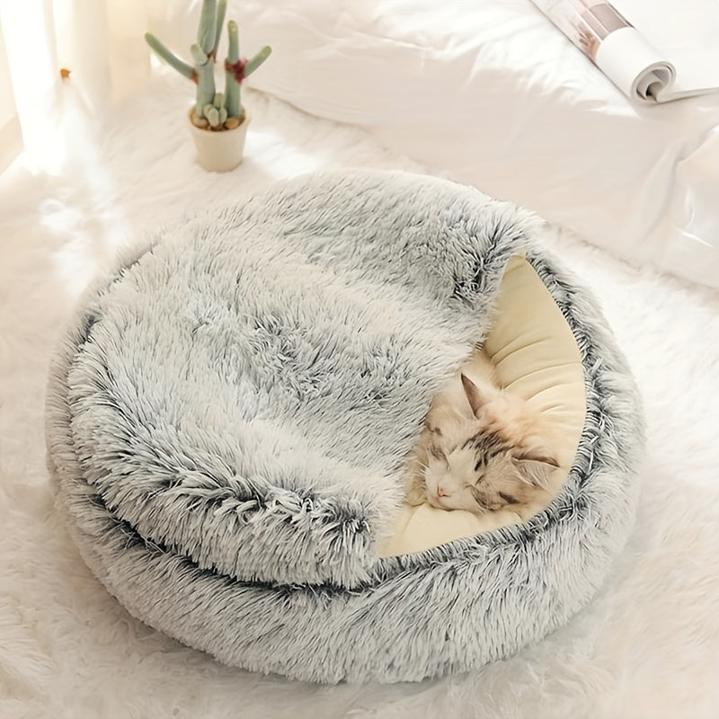 Cozy Luxurious Plush Donut Pet Bed - Hooded, Non-Slip Bottom, Easy to Clean - for Cats & Small Dogs, Perfect for Winter Comfort