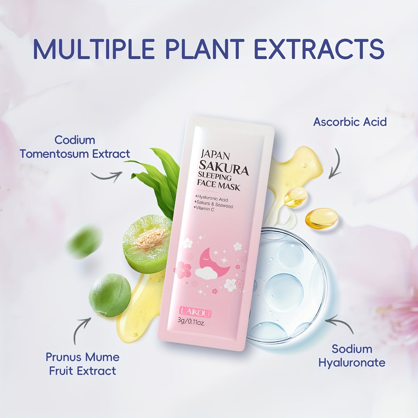 LAIKOU Sakura Facial Cleansing & Moisturizing 15pcs/Set, with 5pcs Sleeping Mask, 5pcs Lip Mask, 50g Facial Wash, 80g Facial Scrub, Cute Hairband & Cleansing Brush, Gently Clean Skin, Free Gift Of Aloe Vera Foundation, Full O