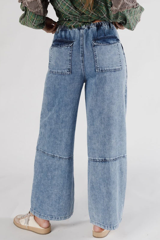 Ashleigh Blue Acid Wash Exposed Seam Drawstring Elastic Waistband Jeans