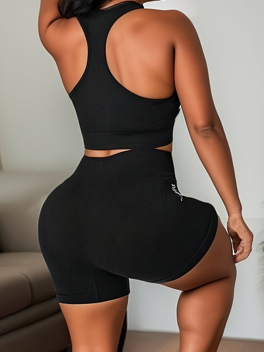 Womens High-Waisted Quick-Dry Gymwear Set - Crew Neck Crop Top Bra and Shorts Outfit for Yoga and Workouts - High Stretch Polyamide Fabric, Solid Color, Spring/Summer/Fall Wear