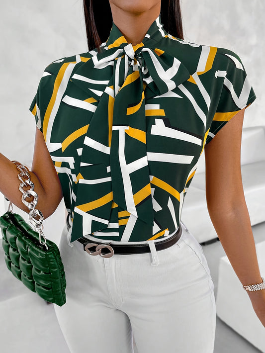 Vibrant Geometric Print Tie Neck Blouse - Elegant Cap Sleeve Top for Spring, Summer, and Fall - Customized, Micro Elastic Polyester, Woven, Random Printing, Womens Clothing