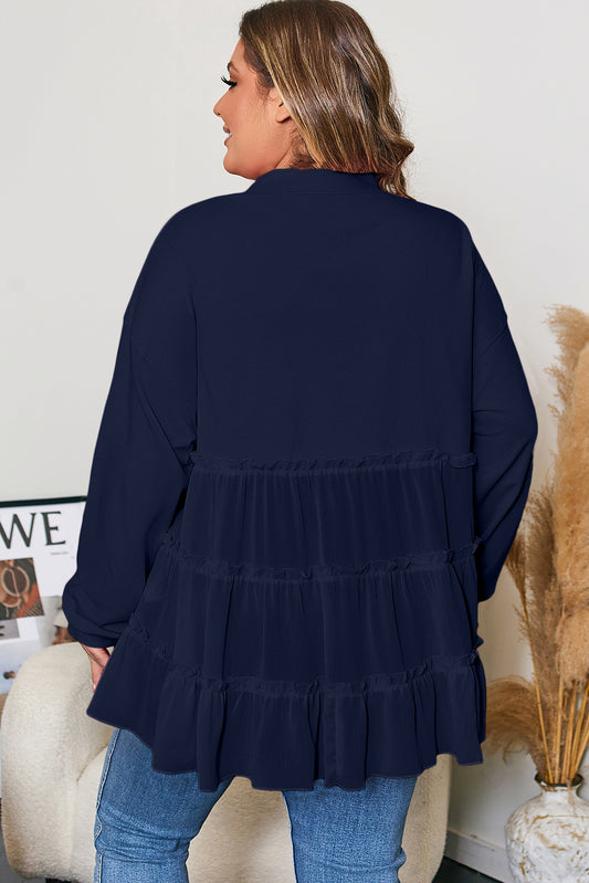 Navy Blue Tiered Ruffle Ribbed Crew Neck Pullover Plus Size Top