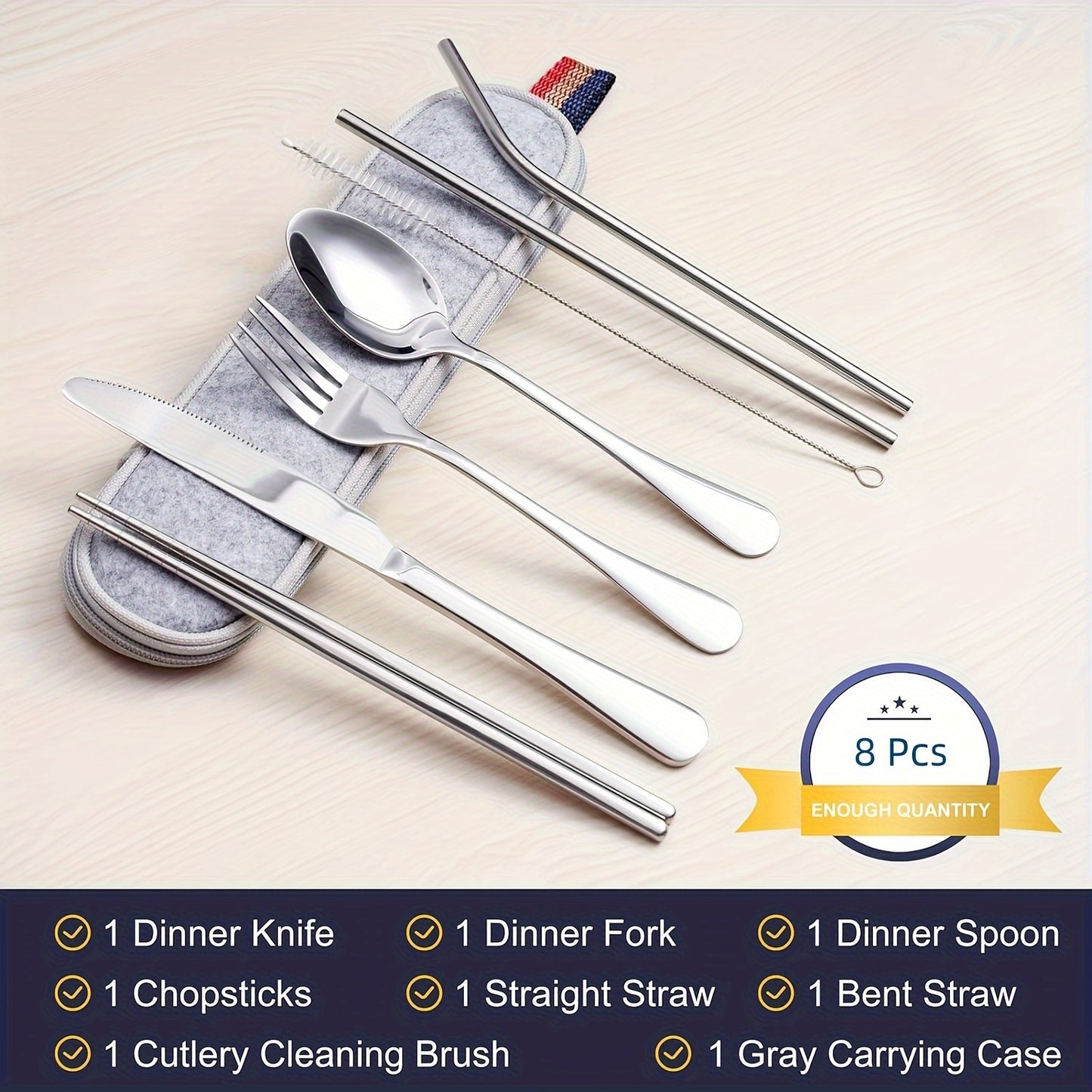 8pcs Portable Utensils, Travel Camping Cutlery Set, Knife Fork Spoon Chopsticks Cleaning Brush Straws Portable Case, Stainless Steel Flatware Set