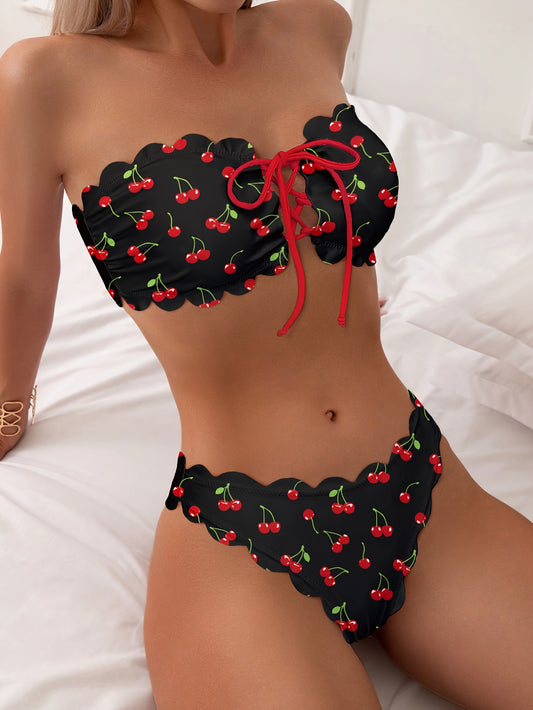 2 Piece Cherry Print Lace Up Scallop Trim Bandeau Strapless Bikini Set - High Stretch Polyester Swimsuit with Cross Strape, Random Fruit Print, and Hand Washable - Customized Knit Fabric Womens Swimwear