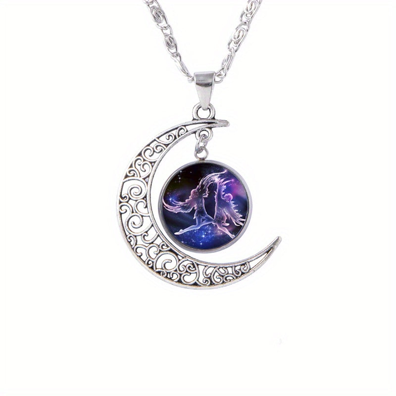 Twelve Zodiac Constellations Moon Phase Necklace - Timeless Gemstone Pendant with Adjustable Chain - Unique Personality Jewelry and Birthday Gift Idea for Women and Girls