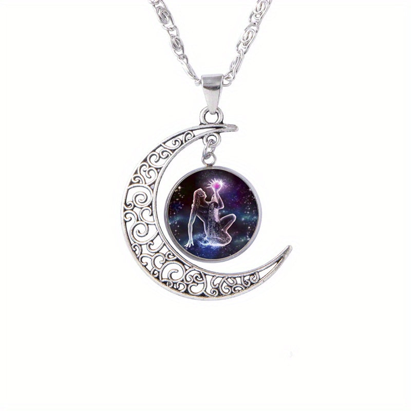 Twelve Zodiac Constellations Moon Phase Necklace - Timeless Gemstone Pendant with Adjustable Chain - Unique Personality Jewelry and Birthday Gift Idea for Women and Girls