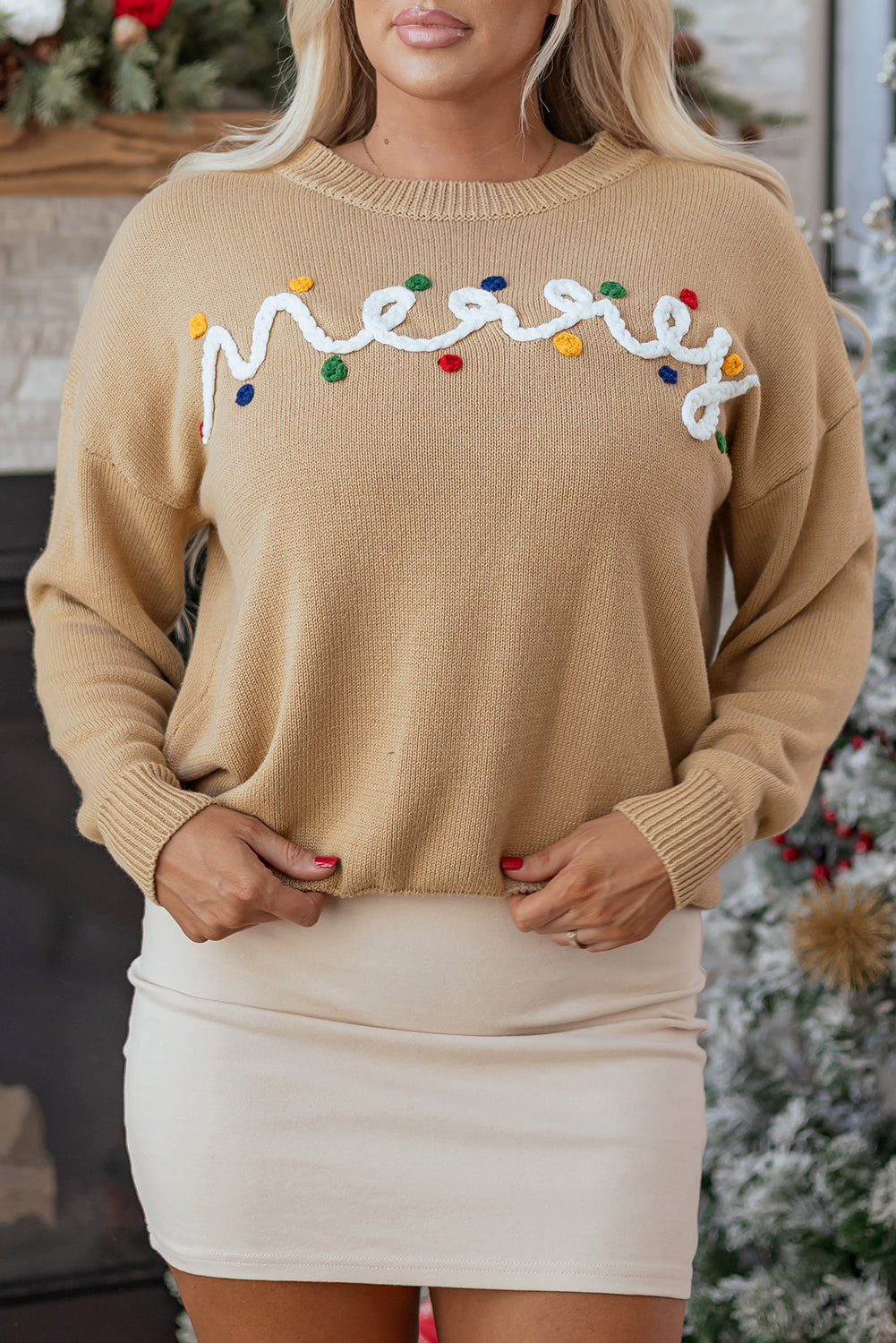 Smoke Gray Merry Colorful Dot Detail Christmas Drop Shoulder Sweater