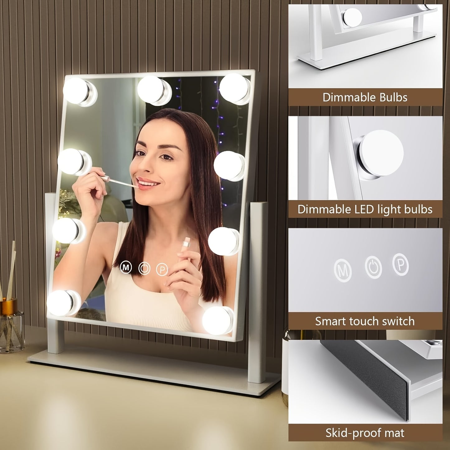 Makeup Mirror with Lights, Hollywood Makeup Mirror with 3 Color Modes and 9 Adjustable LED Bulbs, Zoom in 360° Rotation Touch Control
