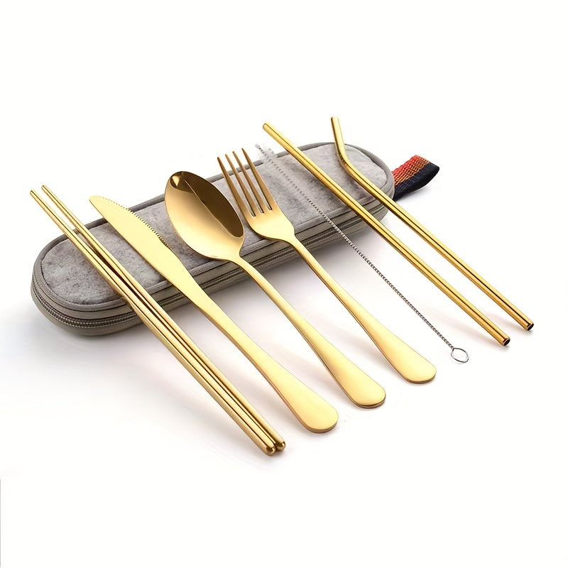 8pcs Portable Utensils, Travel Camping Cutlery Set, Knife Fork Spoon Chopsticks Cleaning Brush Straws Portable Case, Stainless Steel Flatware Set