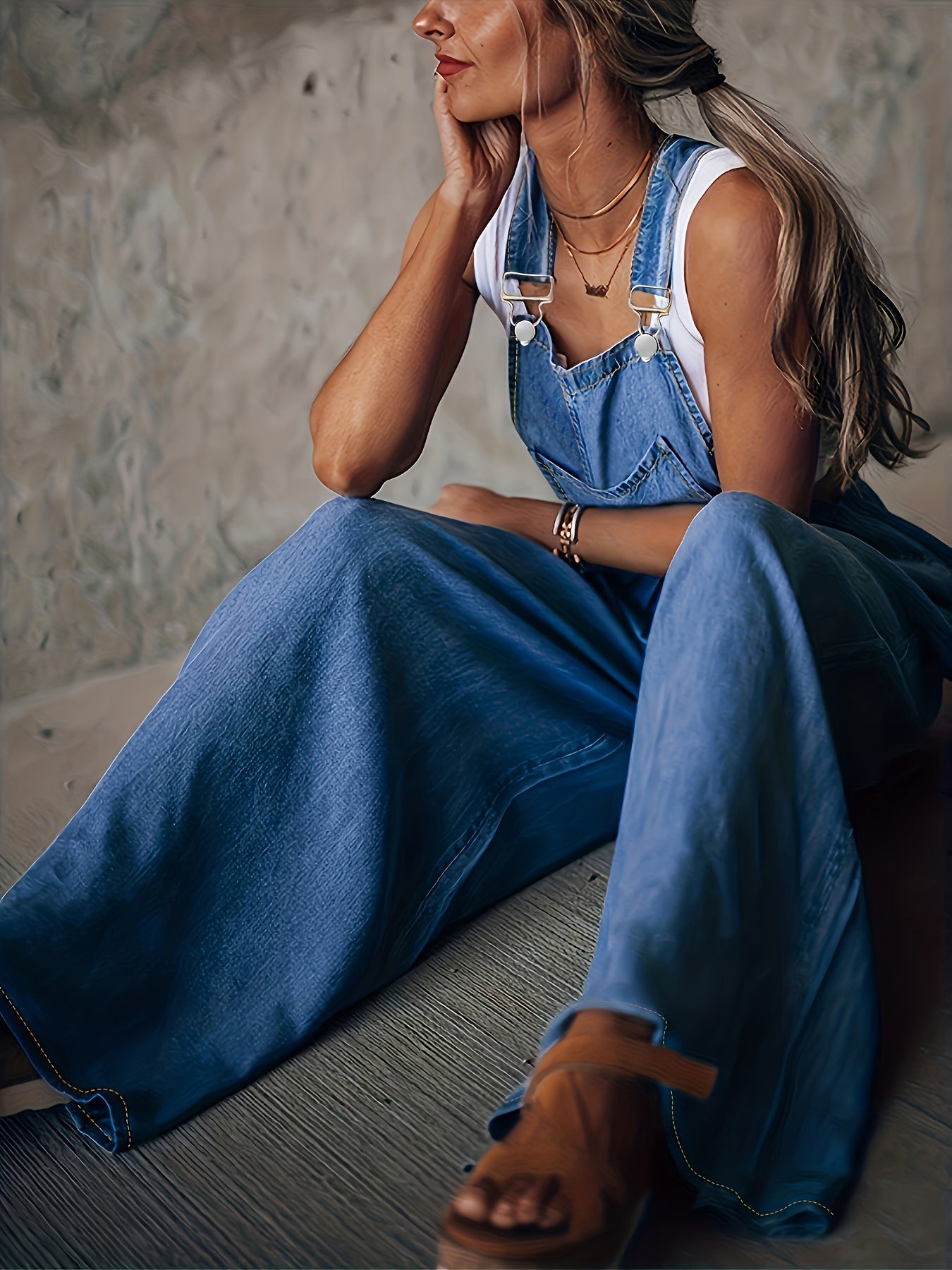 Loose Side Pocket Sleeveless Denim Jumpsuits, Casual Adjustable Shoulder Strap Denim Suspenders Trousers, Women's Denim Jeans & Clothing